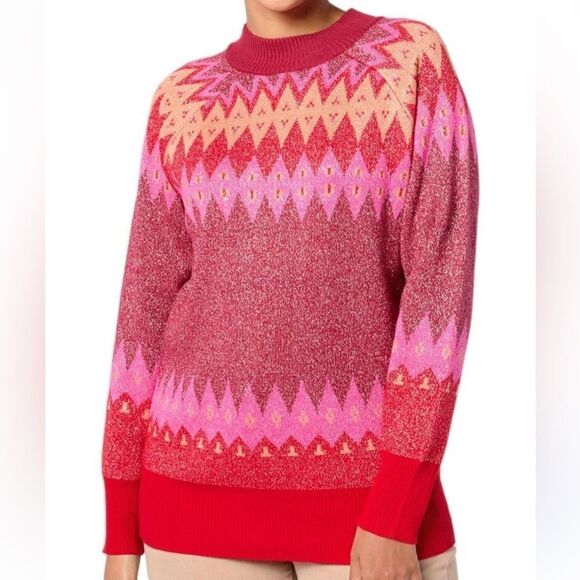 Denim & Co. Signature Fair Isle Mock Neck Sweater Cranberry PTP 23’L28’ Like New - Picture 1 of 6